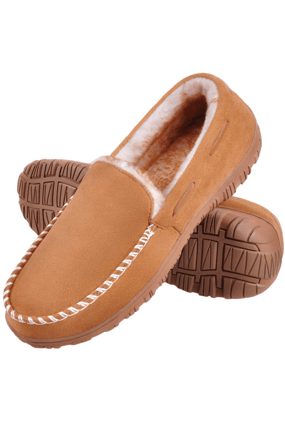 Mens Slippers Moccasins House Shoes with Memory Foam Non-Slip Rubber Sole Beige Size 11