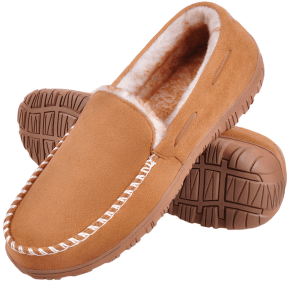HOMEHOT Mens Slippers Moccasins House Shoes with Memory Foam Non-Slip Rubber Sole Beige Size 8