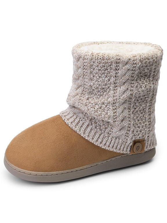 HOMEHOT Women's Bootie Slippers Warm Knit Plush Lining Boots Slip on Memory Foam House Slippers Brown 7-8