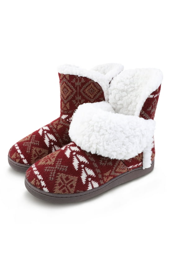 Womens Bootie Slippers Warm Fluffy Faux Fur Slippers Memory Foam Ankle Boot Shoes Slip on House Slippers Indoor Outdoor Adult Red Size 11-12 Female