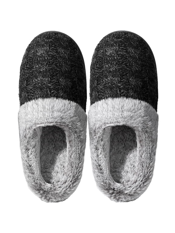 Womens Fuzzy Slippers Plush Lined Memory Foam Slippers Chenille Scuff Slippers for Women Slip on House Shoes Adult Black Size 6 Female