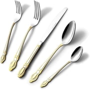HOMEHUT 20-Pieces Flatware Set - Gold Cutlery Set Service for 4 People, 18/10 Premium Stainless Steel Silverware Cutlery, 24 Karat Gold-plated, 254G