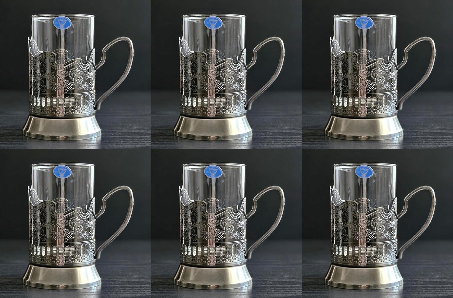 HOMEHUT 6 Russian Traditional Tempered Hot Tea Glasses 8.5 Oz with 6 Metal Glass Holder Podstakannik