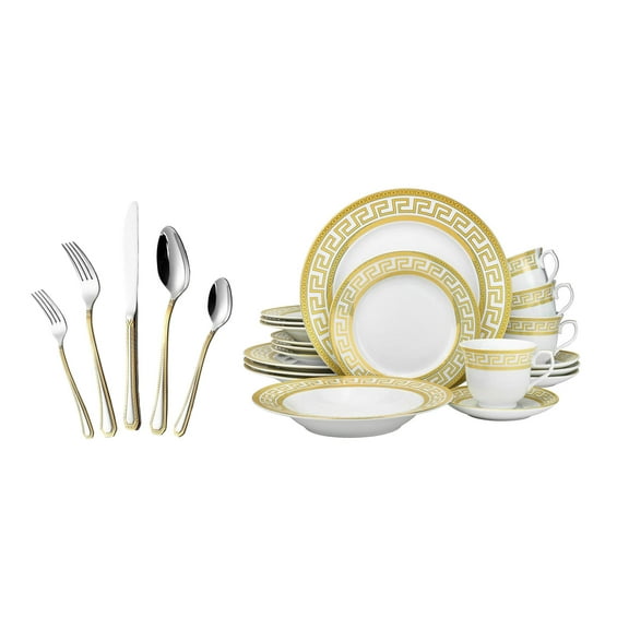 HOMEHUT 80 Pieces Vintage Gold Dinnerware and 18/10 Premium Stainless Steel Silverware Flatware Set - Greek Key Gold HQ Fine China Tableware Service for 8 People