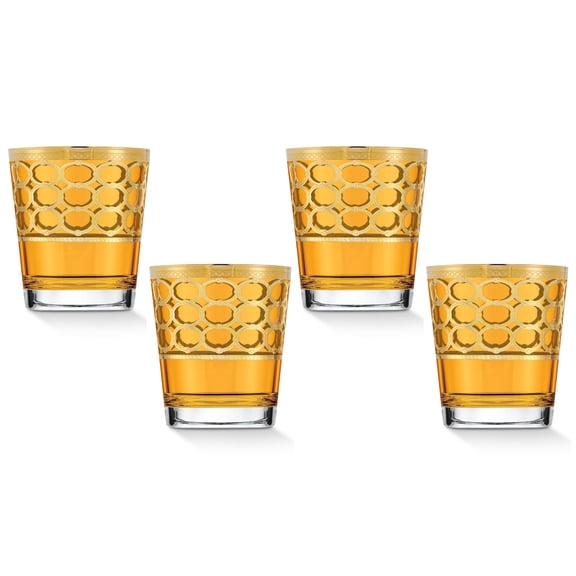 HOMEHUT Amber Color Double Old Fashion with Gold Rings, Set of 4