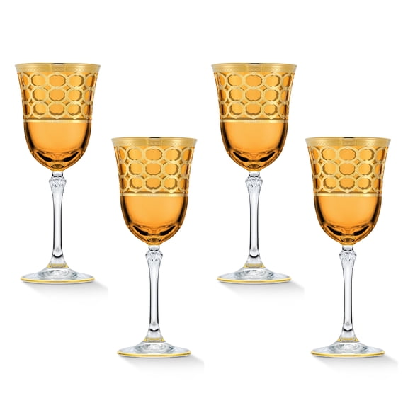 HOMEHUT Amber Color White Wine Goblet with Gold Rings, Set of 4