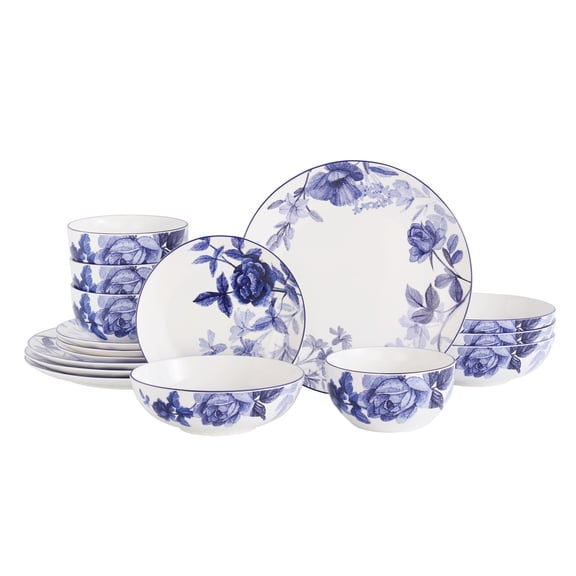 HOMEHUT Blue Floral Rose Bone China Dinnerware Set, Service for 4, 16 Piece