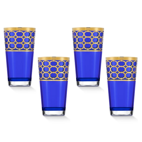 HOMEHUT Cobalt Blue High Ball with Gold Rings, Set of 4