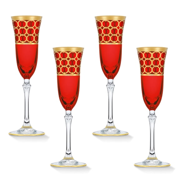 HOMEHUT Deep Red Colored Champagne Flutes with Gold Rings, Set of 4