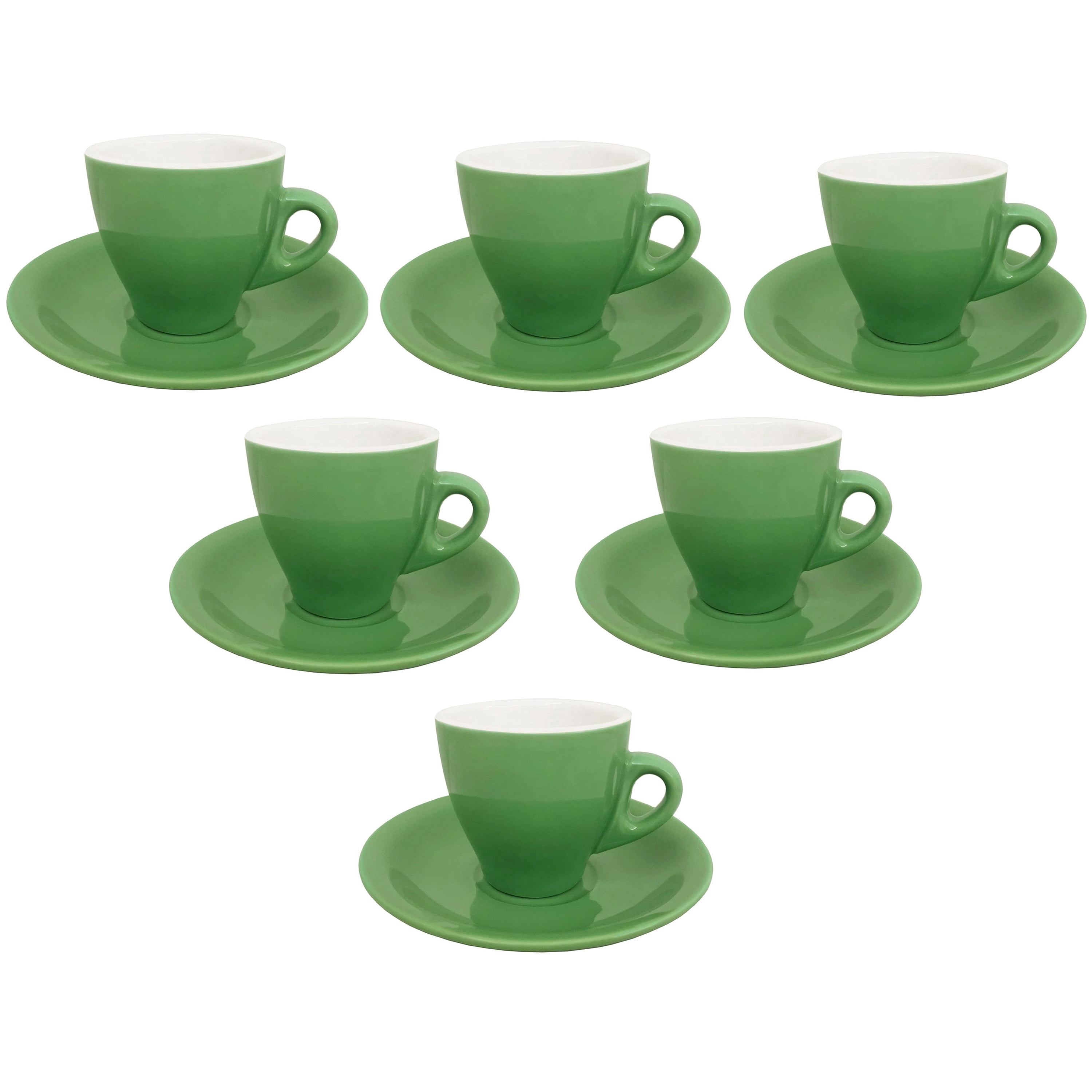 HOMEHUT Espresso Cups and Saucers Set of 6 - 3 Oz Porcelain Demitasse Cups, Green Coffee Cup Set with Matching Saucers, Microwave and Dishwasher Safe Small Espresso Cups for Home and Café Use