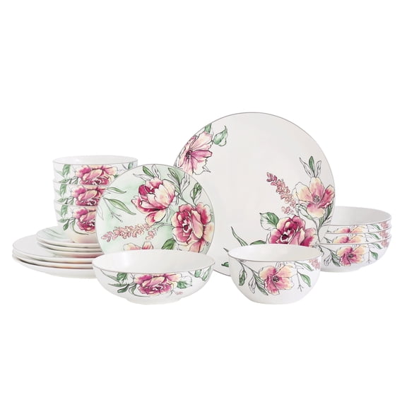 HOMEHUT Floral Dinnerware Bone China Set, White with Pink Roses, Service for 4, 16 Piece