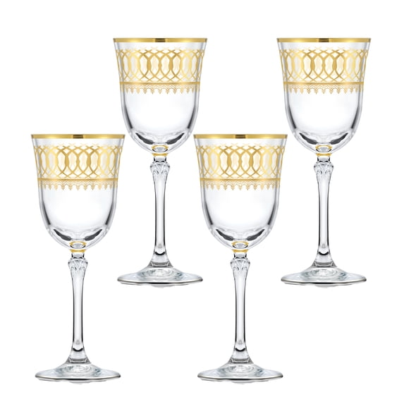 HOMEHUT Gold Embellished White Wine Goblet with Gold Rings, Set of 4