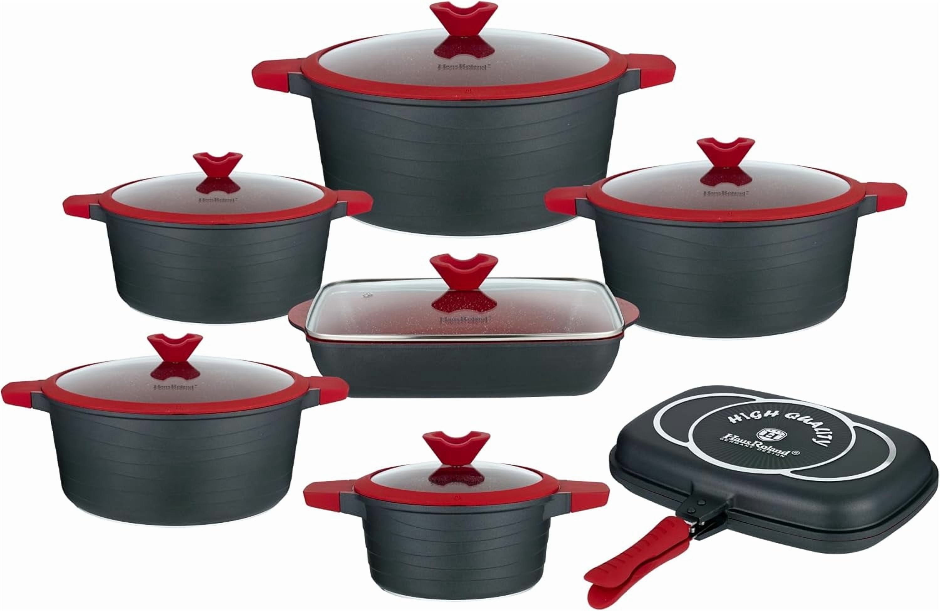 HOMEHUT  14-Piece Cookware Set – Die-Cast Aluminum Pots and Pans with Non-Stick Marble Coating, Induction Compatible Cookware, Tempered Glass Lids – Durable Kitchen Essentials, Red