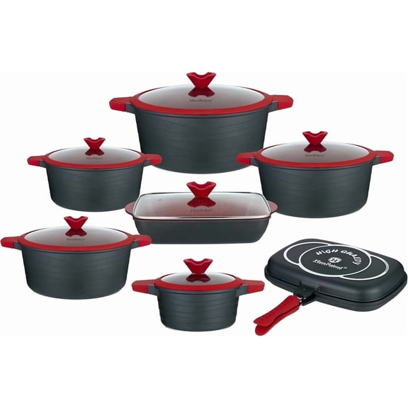 HOMEHUT 14-Piece Cookware Set – Die-Cast Aluminum Pots and Pans with Non-Stick Marble Coating, Induction Compatible Cookware, Tempered Glass Lids – Durable Kitchen Essentials, Red