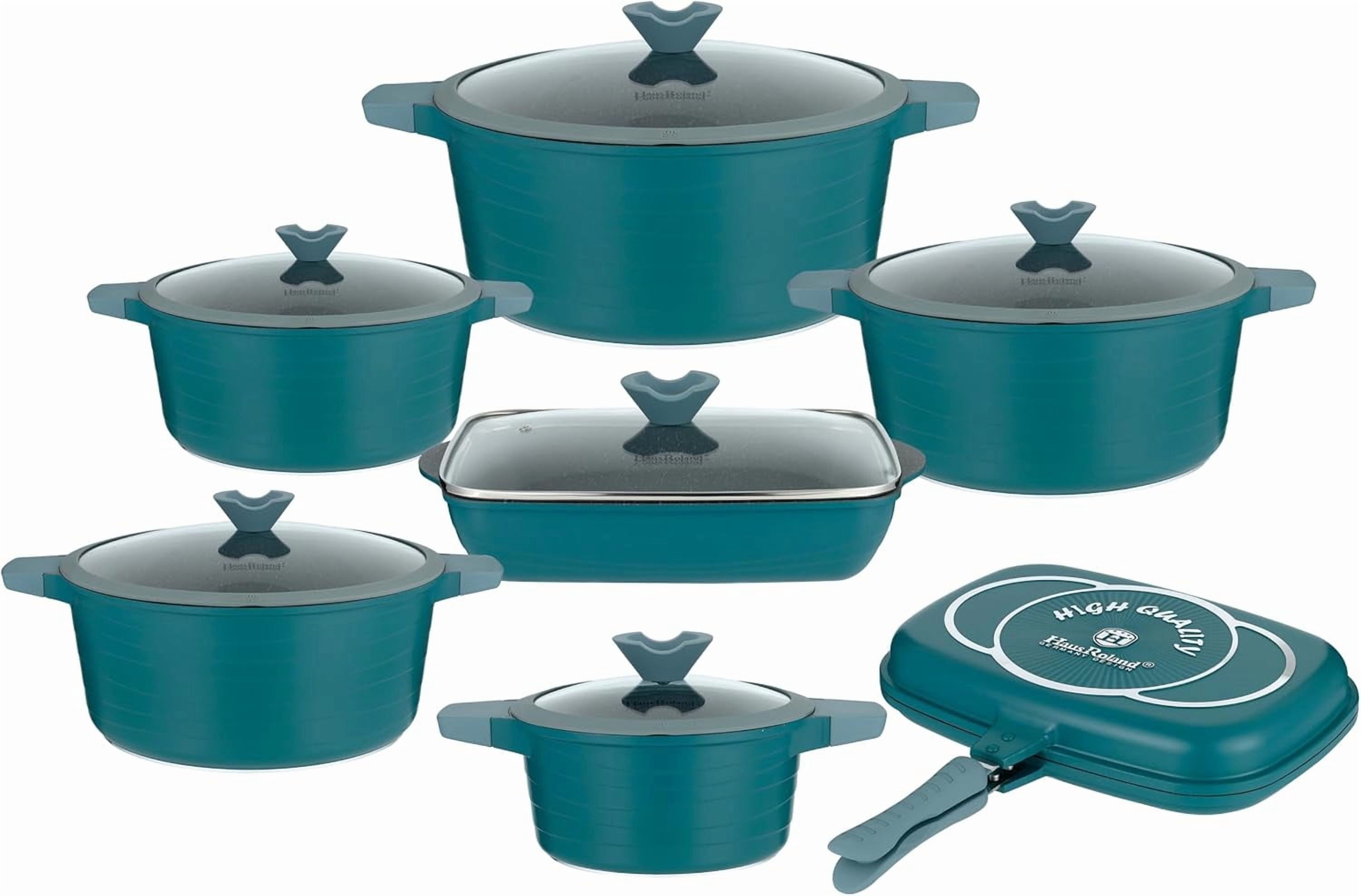 HOMEHUT 14-Piece Cookware Set – Die-Cast Aluminum Pots and Pans with Non-Stick Marble Coating, Induction Compatible Cookware, Tempered Glass Lids – Durable Kitchen Essential, Green