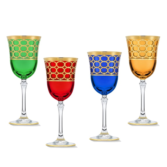 HOMEHUT Multicolor White Wine Goblet with Gold Rings, Set of 4