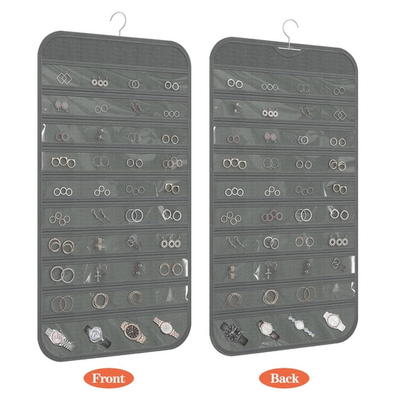 HOMEIORA 1 Pack Hanging Jewelry Organizer for Closet with Swiveling Hanger, 80 Clear Pockets Jewelry Organizer Hanging for Jewelries, Earrings, Accessories, Gray