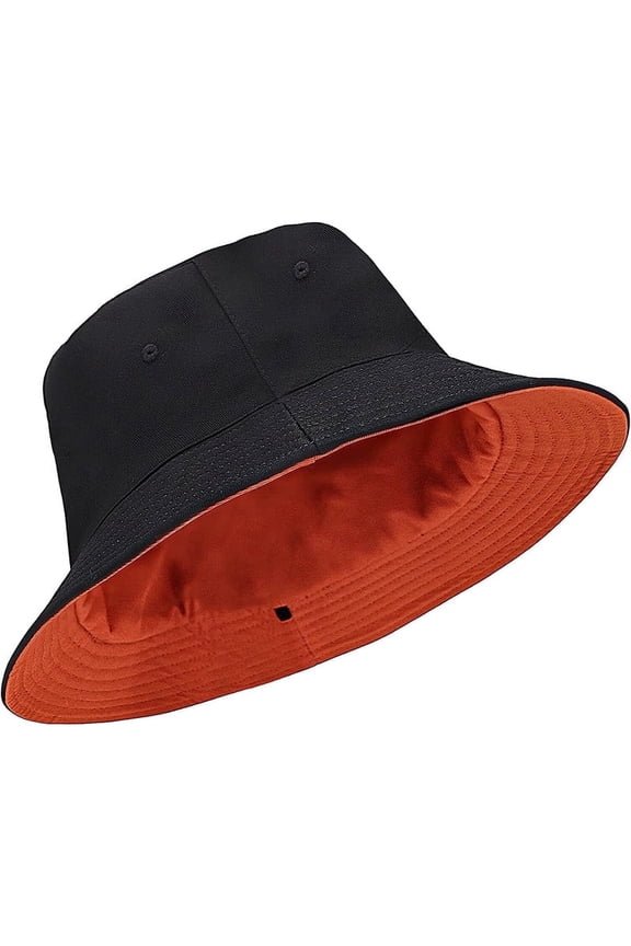 1 Pack Oversize Bucket Hat Reversible, Fisherman Sun Cap with Chin Strap, Travel Beach Outdoor Hat for Men & Women, L, Black / Orange