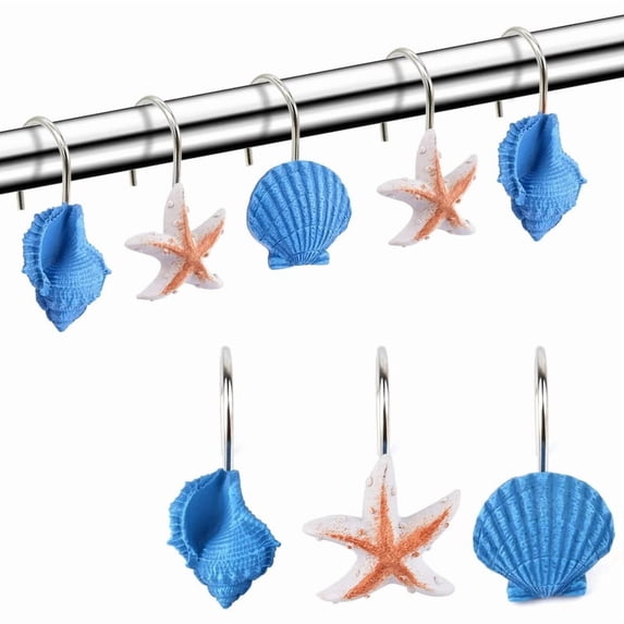 HOMEIORA 12 Pack Starfish Seashell Conch Style Shower Curtain Hooks Rust Proof Rings Bathroom Hangers Resin Decorative Shower Curtain Hook - Dark Blue