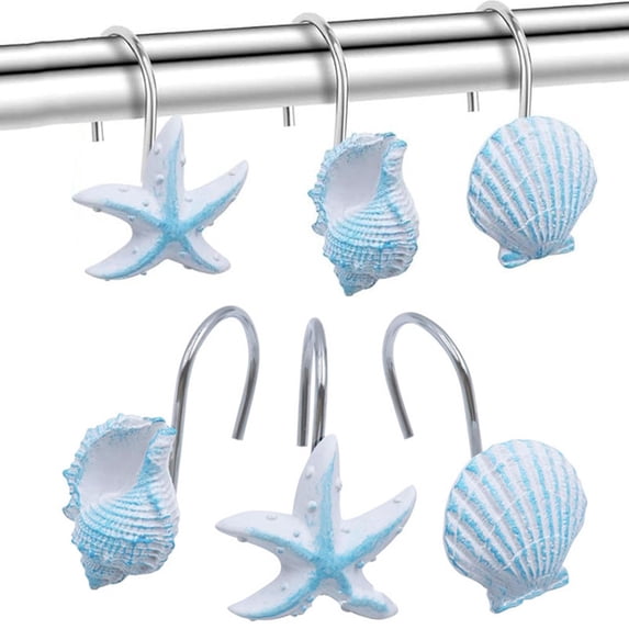 HOMEIORA 12 Pack Starfish Seashell Conch Style Shower Curtain Hooks Rust Proof Rings Bathroom Hangers Resin Decorative Shower Curtain Hook - Light Blue