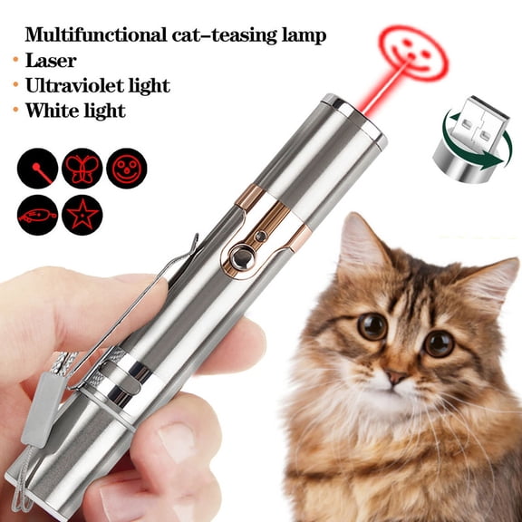 HOMEIORA 1pc Cat Laser Toy Pen, Interactive Toy, USB Charging LED Light Pointer, Rechargeable Torch UV Flashlight Pen 5 Patterns Laser Stick Toy Cat Accessories