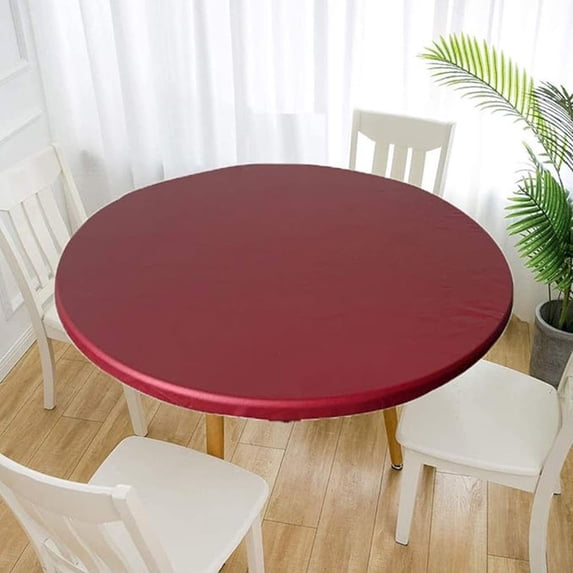 HOMEIORA 1pc Elastic Edge Table Cloth Protector - Waterproof Non-slip Round Fitted Tablecloth Table Cover Cloth for Tables 51" Diameter, Wine Red