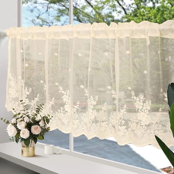 HOMEIORA 1pc Floral Lace Kitchen Curtain Valance, Flower Valances for Kitchen Bathroom Living Room Window Decor, Rod Pocket Short Curtain, 29" x 24", Beige
