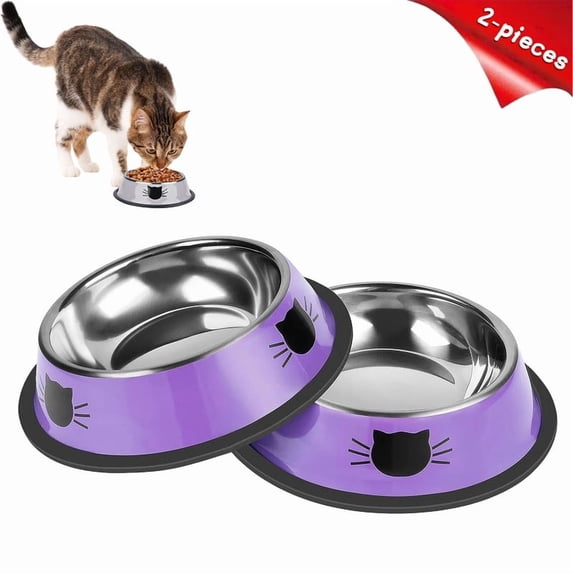 HOMEIORA 2 Pcs Non-Slip Stainless Steel Small Cat Food Bowls - Unbreakable, Thicken 7 Oz Cat Dishes, Removable Rubber Base, Easily Clean - Indoor, Purple
