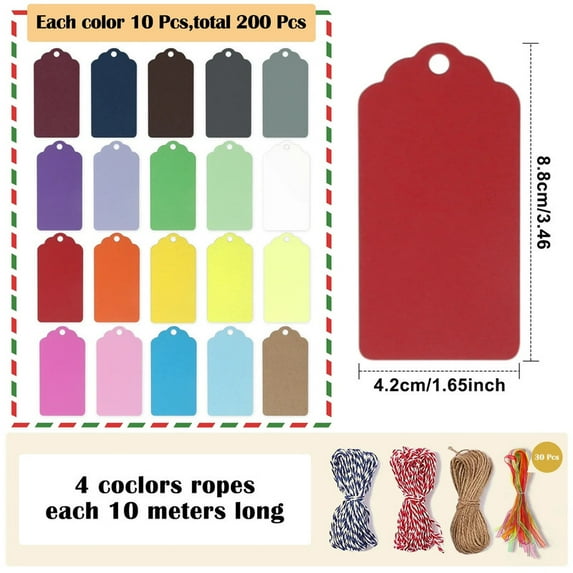 HOMEIORA 200 Pcs Gift Tags 20 Colors Christmas Gift Tags with Strings for Birthday, Wedding, Valentine's Day, Holiday, Event, Project and DIY Crafts