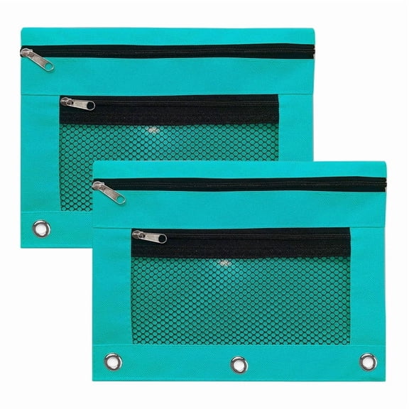 HOMEIORA 3 Ring Binder Pencil Pouches, Stationery Storage Bags with Zipper - Pencil Case with Double Pocket and Mesh Window - Cyan, 2 Pack