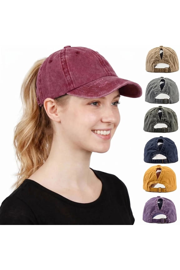 Ponytail Baseball Cap for Women High Messy Bun Caps Washed Cotton Hats - Purple, 1 Pack