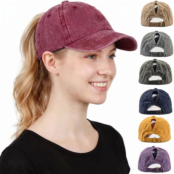 HOMEIORA Ponytail Hats Womens Washed Distressed Baseball Cap High Ponycaps Cotton Dad Hat with Ponytail Hole - Black, 1 Pack