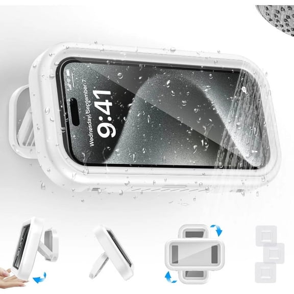 HOMEIORA Waterproof Shower Phone Holder with 360° Rotation, Angle Adjustable, Enhanced Sound Quality, Wall Mounted Phone Holder for Bathroom Mirror Bathtub Kitchen, Up to 6.8", White