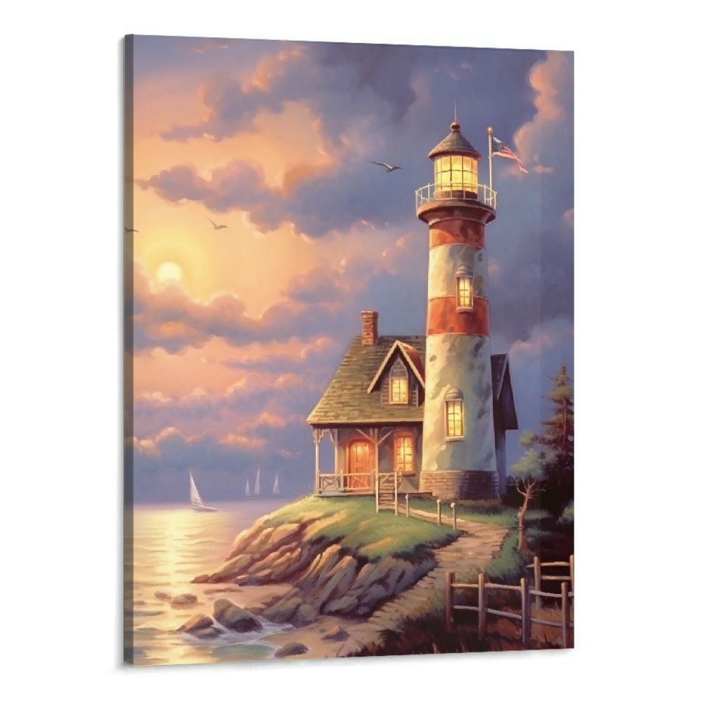 HOMEJACK Thomas Kinkade Canvas Art Lighthouse Wall Art Framed Landscape