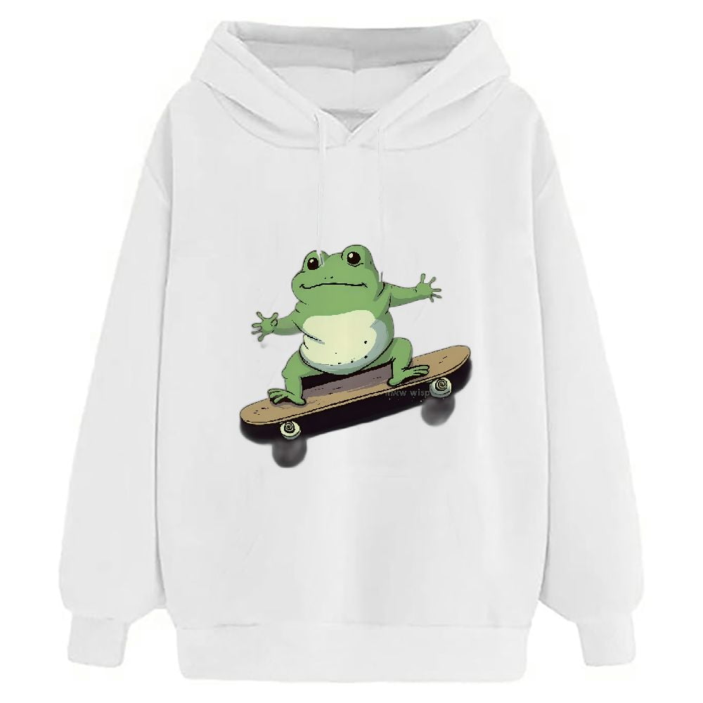 HOMEJACK Women's Cool Skateboard Frog Plain White Hoodie White