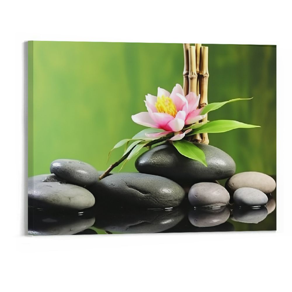HOMEJACK Zen Art Spa Decor Green Bamboo Decor Pink Waterlily and Stone Pictures Decor for