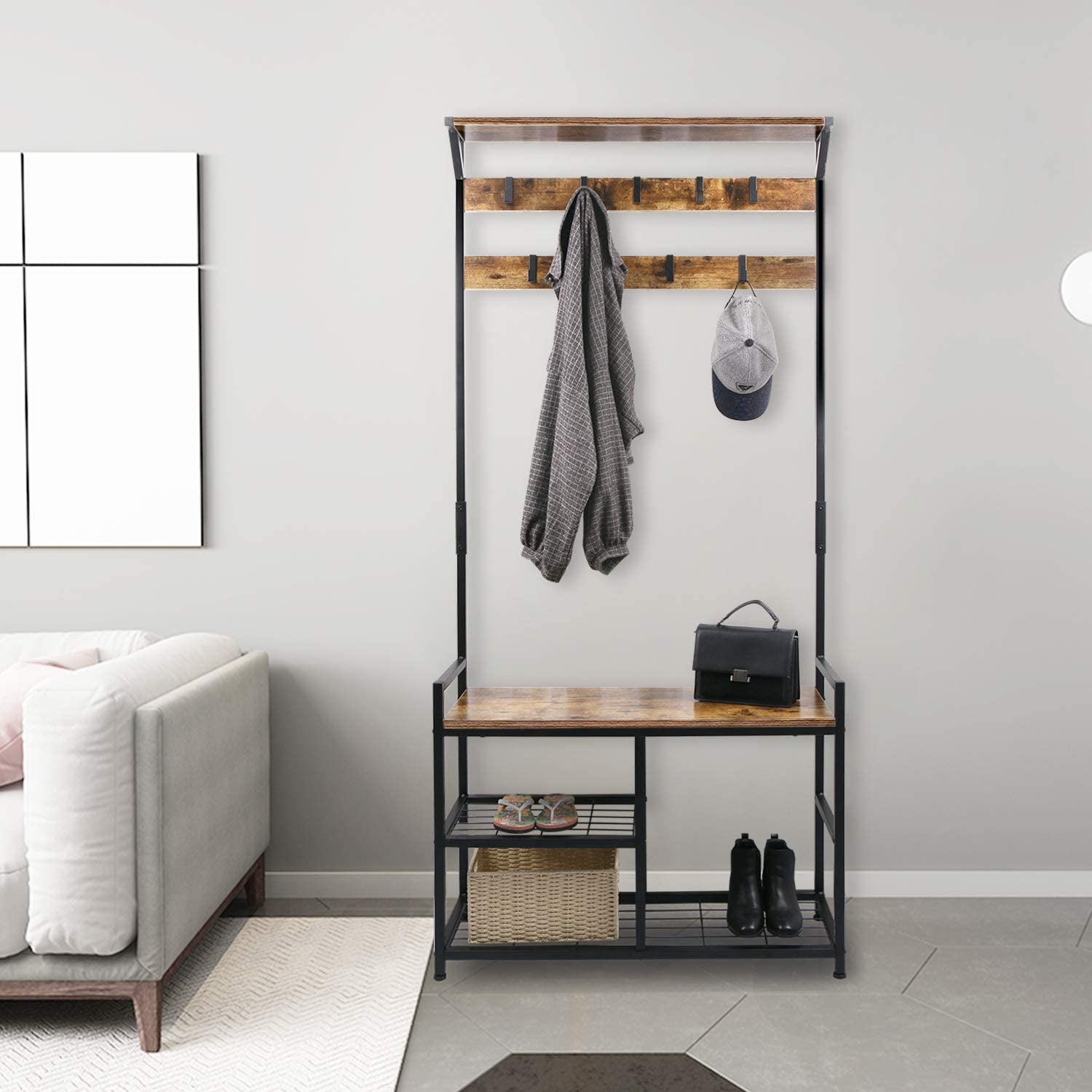 HOMEKOKO 3-in-1 Wooden Modern Furniture, Entryway Industrial Hooks Coat ...