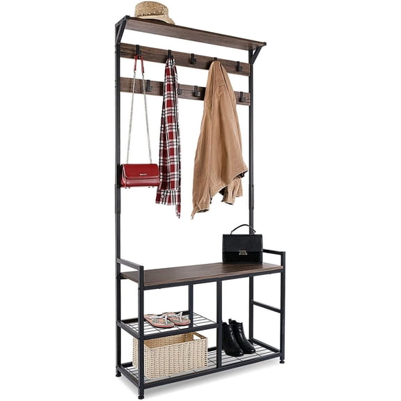 HOMEKOKO 3-in-1 Design Coat Rack Entryway Storage Bench Hall Tree, Vintage Brown