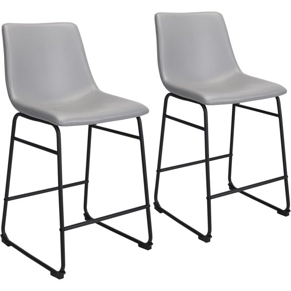 HOMEKOKO Bar Stools Set of 2, 26 Inches Bar Stool with Back, Carbon Fiber Bar Chair with Metal Legs (Light Grey)