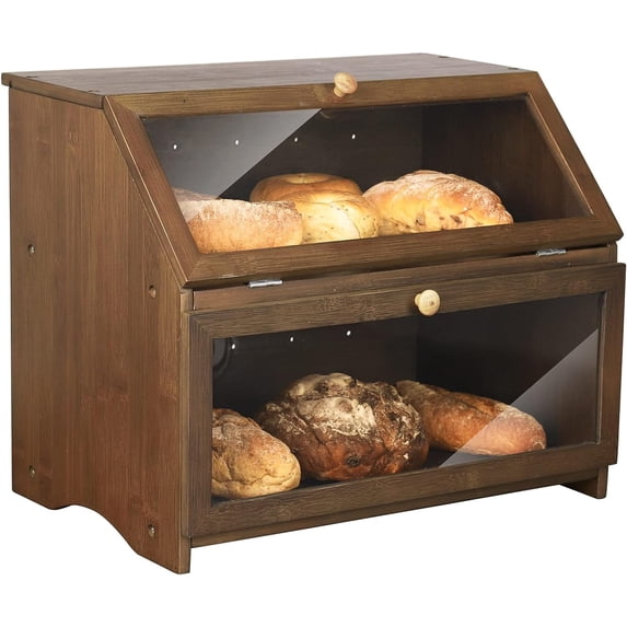 HOMEKOKO Double Layer Large Bread Box for Kitchen Counter, Wooden Large Capacity Bread Storage Bin (Brown)