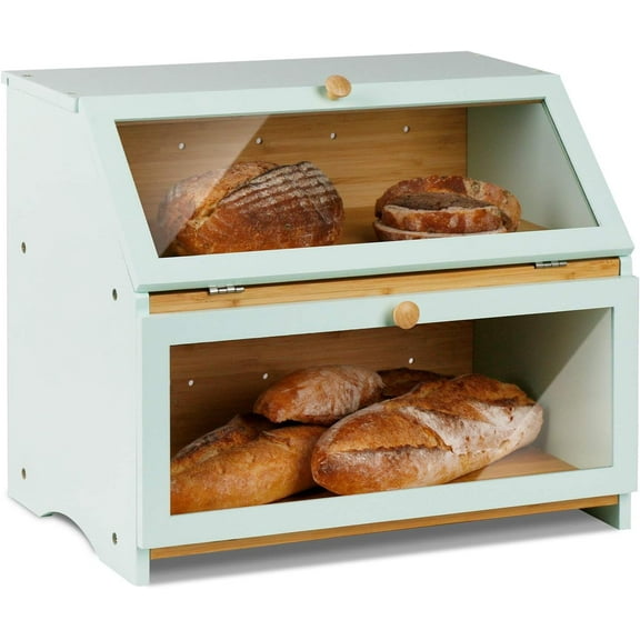 HOMEKOKO Double Layer Large Bread Box for Kitchen Counter, Wooden Large Capacity Bread Storage Bin (Mint Green)