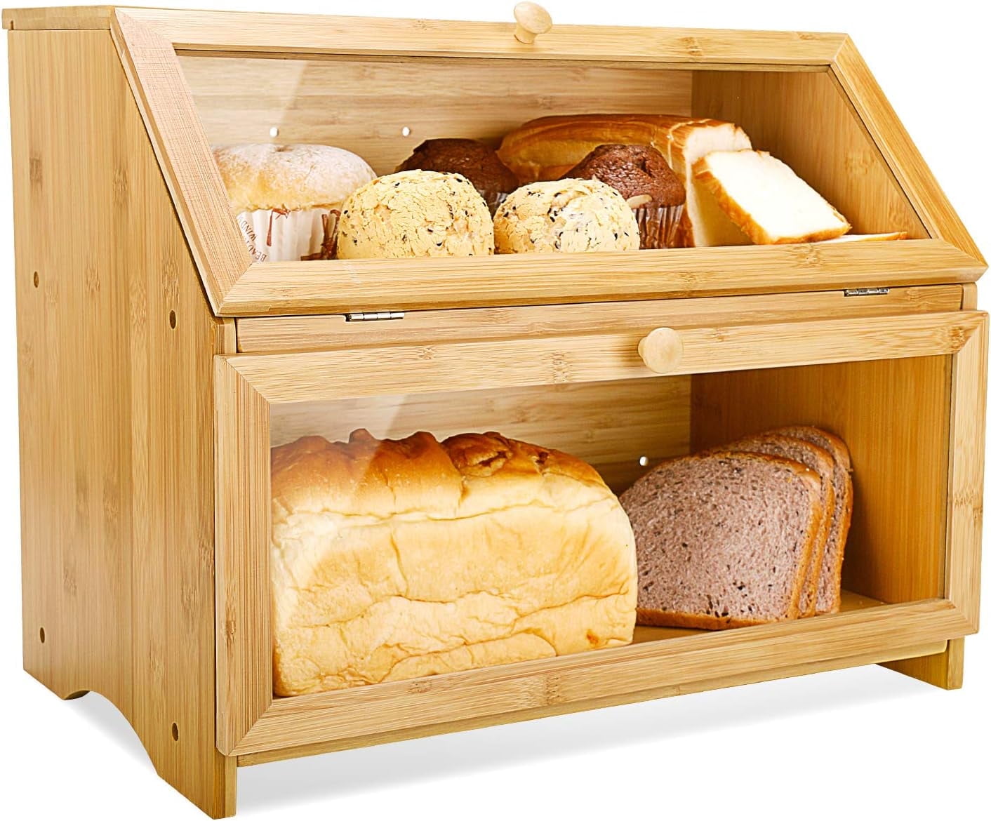 HOMEKOKO Double Layer Large Bread Box for Kitchen Counter Wooden Large Capacity Bread Storage Bin Natural Bamboo