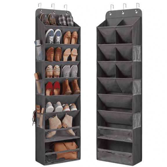 Homelux Theory 8 Tier Over the Door Shoe Organizer, Hanging Shoe Rack for Closet and Entryway, Deep Pockets, Holds 28 Pairs (Dark Gray)