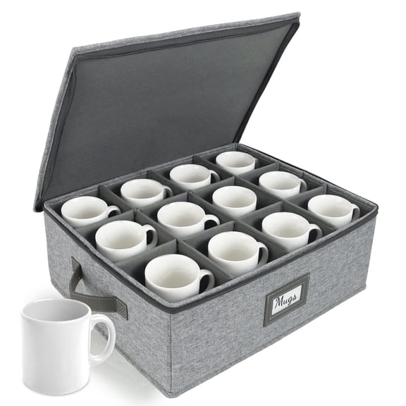 HOMELUX THEORY Coffee Mug Storage with Dividers, Light Gray Hard Shell China Storage Containers, Kitchen Storage Bins With Lids, Heavy Duty Moving Box for Packing Glassware, Stemware & Glassware
