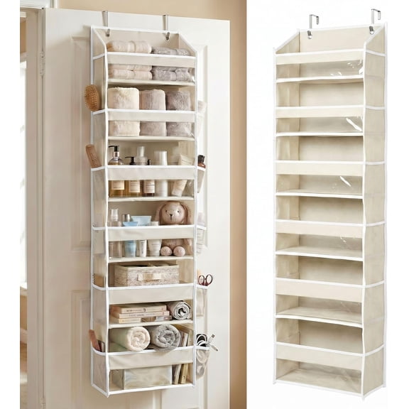 HOMELUX THEORY Over the Door Organizer, 6-Tier, 100D Fabric, Ivory 1pc | door shoe organizer, 50 lbs capacity, 12 side mesh pockets, extra thick fabric, Closet & entryway storage
