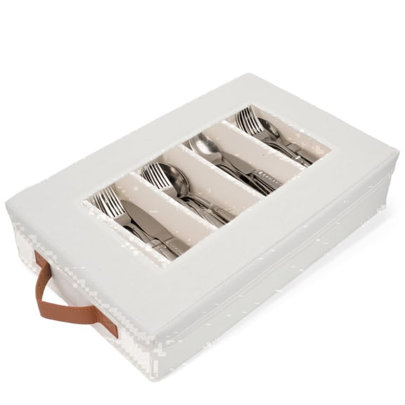 Homelux Theory Silverware Organizer with Lid, Hard Shell China Storage Container for Flatware, 5 Adjustable Compartments, Stackable (Ivory)