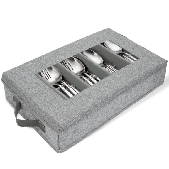 HOMELUX THEORY Flatware Storage Hard Shell China Storage Containers - Light Gray Silverware Organizer, Cutlery & Silverware Storage Box with 5 Dividers & Lid, Heavy Duty Moving Box with Handles