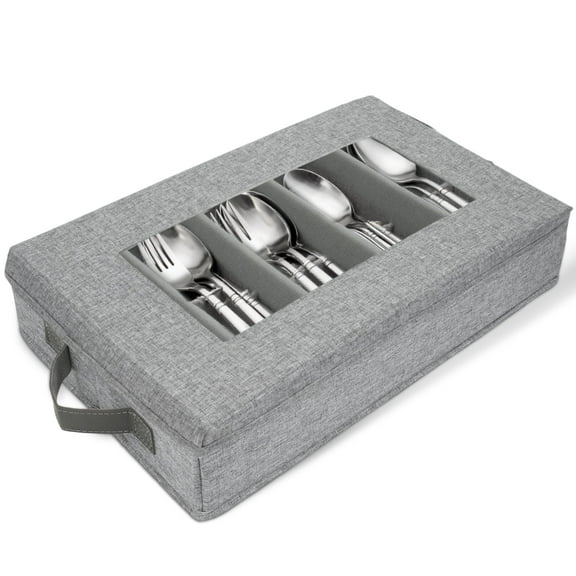 HOMELUX THEORY Flatware Storage Hard Shell China Storage Containers - Light Gray Silverware Organizer, Cutlery & Silverware Storage Box with 5 Dividers & Lid, Heavy Duty Moving Box with Handles