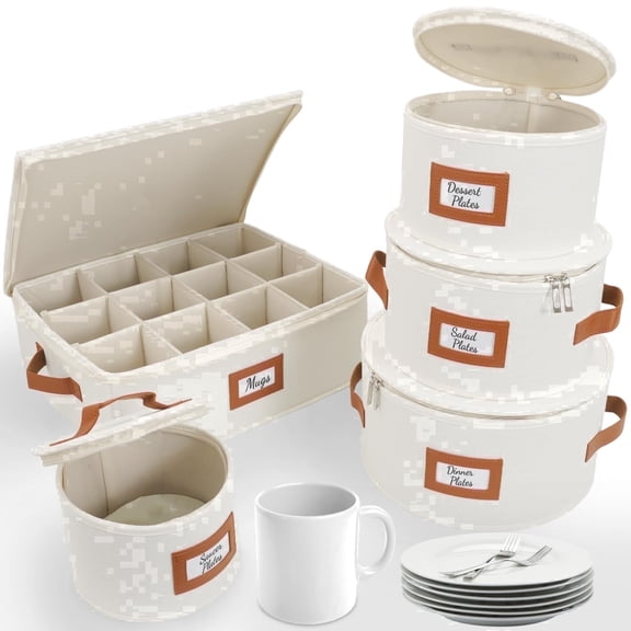 Hard Shell China Storage Containers, 5pc Ivory Mug & Plate Storage Box, Kitchen Storage Bins With Lids, Heavy Duty Moving Box with Handles for Dishes, Glassware, Stemware, Cup & Mug