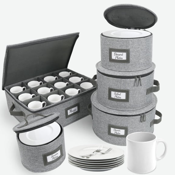 HOMELUX THEORY Hard Shell China Storage Containers, 5pc Light Gray Mug & Plate Storage Box, Kitchen Storage Bins With Lids, Heavy Duty Moving Box with Handles for Glassware, Stemware, Cup & Mug